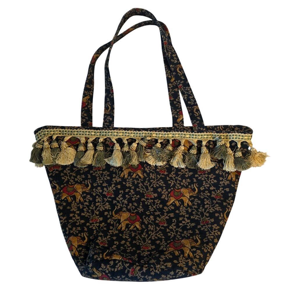Vintage Thai Elephant Tapestry Tote Bag‎ Tassel Fringe Boho Festival Navy